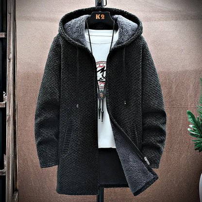 Men's Cashmere Hooded Cardigan Coat – Warm Fleece Long Sweater Jacket for Autumn Winter