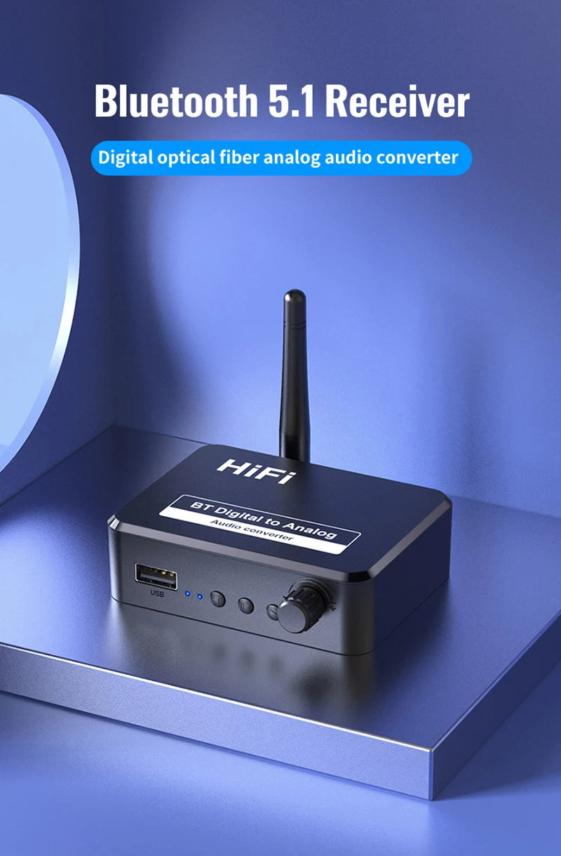 Bluetooth 5.1 Digital to Analog Audio Converter | SPDIF Optical Toslink to 3.5mm AUX RCA DAC Adapter