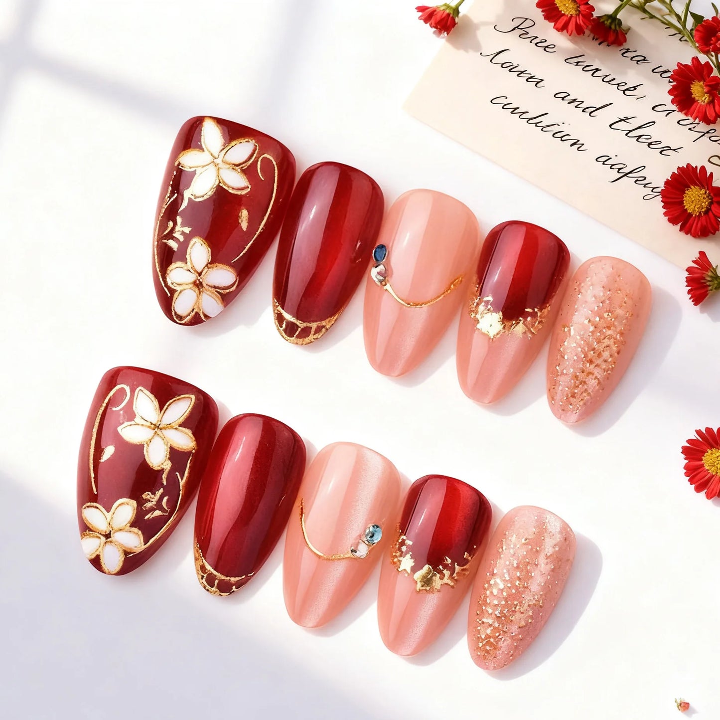24PCS Strawberry Bow Press On Nails - Red Short Almond Pearl Starlight Floral False Nail Art Tips