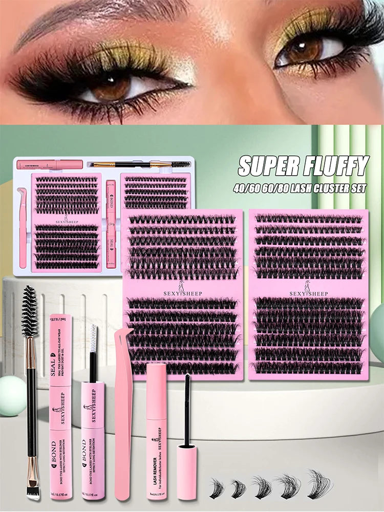 DIY False Eyelashes Cluster Extensions Kit – Natural Individual Lashes with Glue, Remover, Lash Brush & Tweezers
