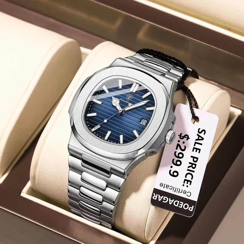 POEDAGAR Luxury Men's Watch – 30ATM Waterproof, Stainless Steel Square Quartz, Luminous Date, Business reloj hombre