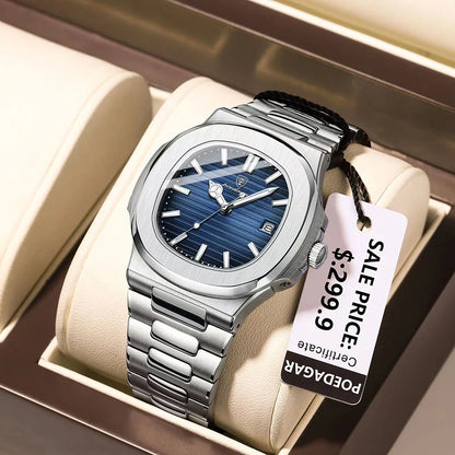POEDAGAR Luxury Men's Watch – 30ATM Waterproof, Stainless Steel Square Quartz, Luminous Date, Business reloj hombre