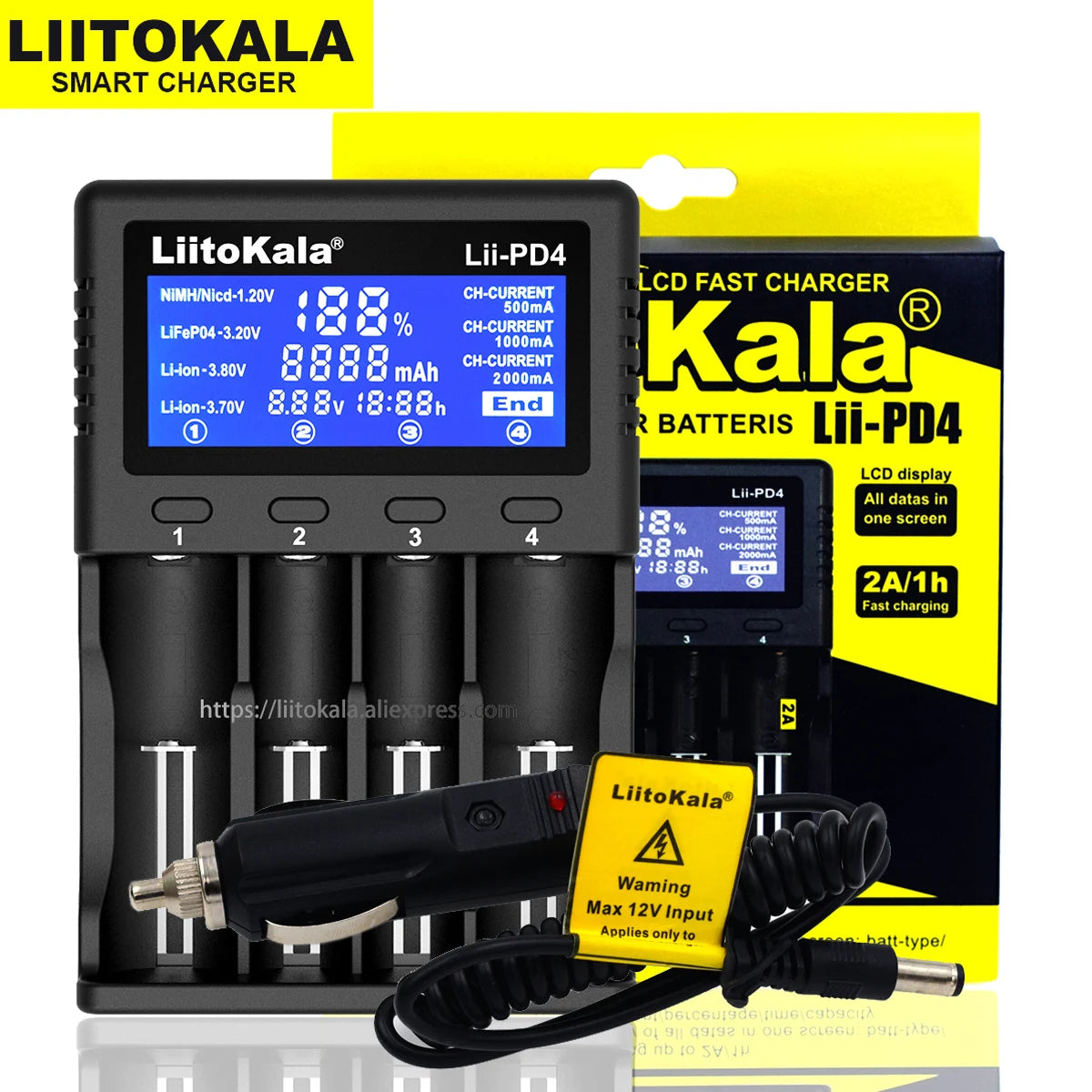 Liitokala Lii-PD2 Lii-PD4 18650 Battery Charger: LCD Multifunction Charger for 3.7V & 1.2V Batteries - Compatible with 26650, 18350, 16340, 18500, 14500, AA, AAA
