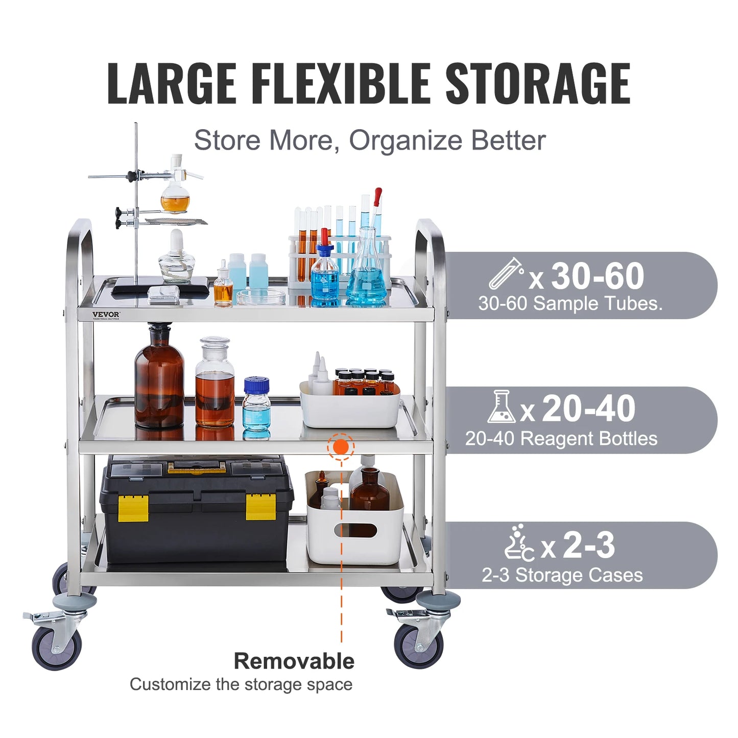 VEVOR Stainless Steel Lab Utility Cart – 1/2/3 Tier Medical & Kitchen Cart with Lockable Wheels