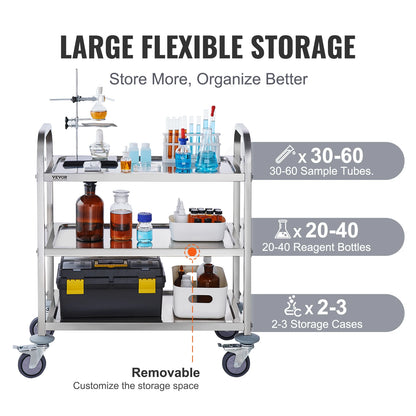 VEVOR Stainless Steel Lab Utility Cart – 1/2/3 Tier Medical & Kitchen Cart with Lockable Wheels