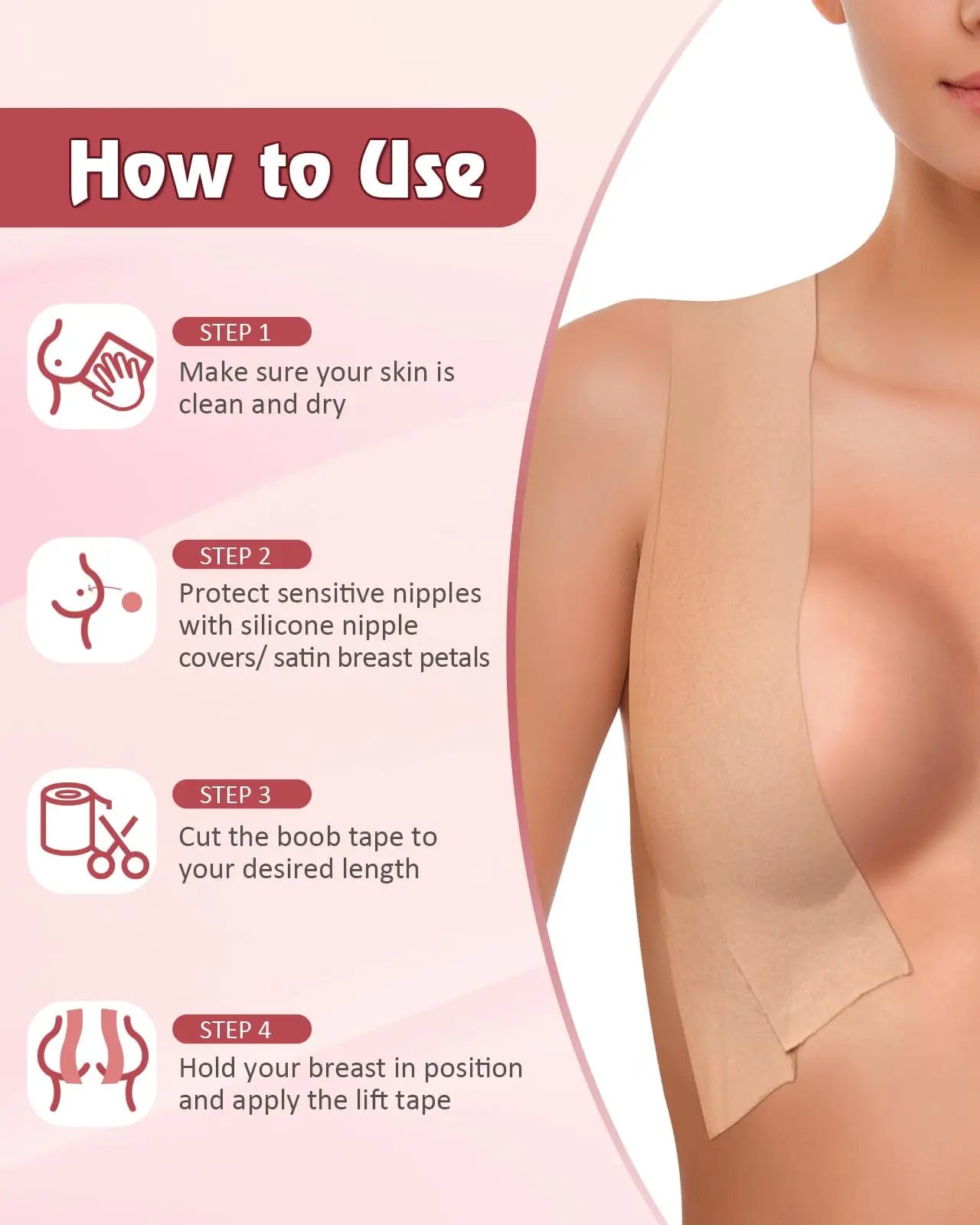 Women’s Boob Tape & Adhesive Bra Set – Invisible Push Up Breast Lift Tape with Nipple Covers & Strapless Support Pads