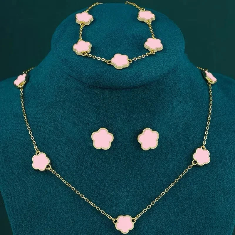 Lucky Five-Petal Flower & Clover Bracelet, Earrings, Necklace Set – Stylish Women's Party Jewelry Accessories