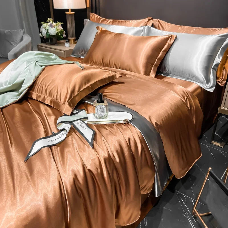 Solid Silk Bedding Set - Luxury Duvet Cover Bed Sheet Pillowcase Set For King Single Double Couple Beds