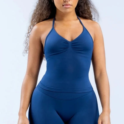 New Impact Sports Yoga Vest - Women's Backless Fitness Top, Built-in Bra with Cups, Scrunch Gym Clothes for Workout