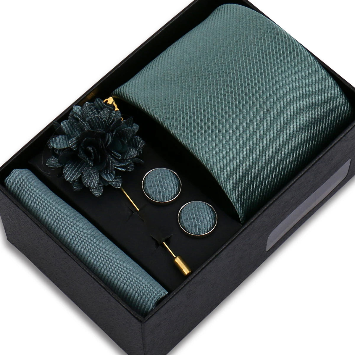 Men's Solid Color Tie Set - Jacquard Necktie, Hanky, Cufflinks & Brooch Gift Box for Weddings