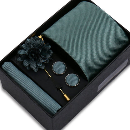 Men's Solid Color Tie Set - Jacquard Necktie, Hanky, Cufflinks & Brooch Gift Box for Weddings