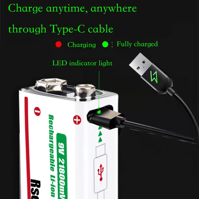 9V Lithium-Ion Rechargeable Battery 21800mWh – High-Capacity Power for Guitar, Microphone, Smoke Detector & Pedals with Cable