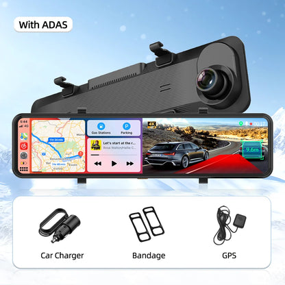 Imagebon 12" 4K Car Mirror – Wireless CarPlay, Android Auto, ADAS, Rearview Camera, GPS, FM, Night Vision Video Recorder