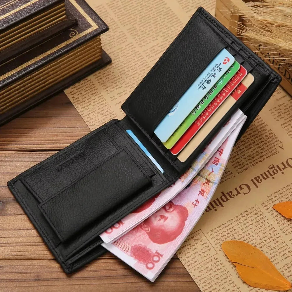 Genuine Leather Men’s Wallet – Premium Real Cowhide Short Black Wallet for Men, Slim RFID Style Credit Card & Cash Holder Pocket Purse