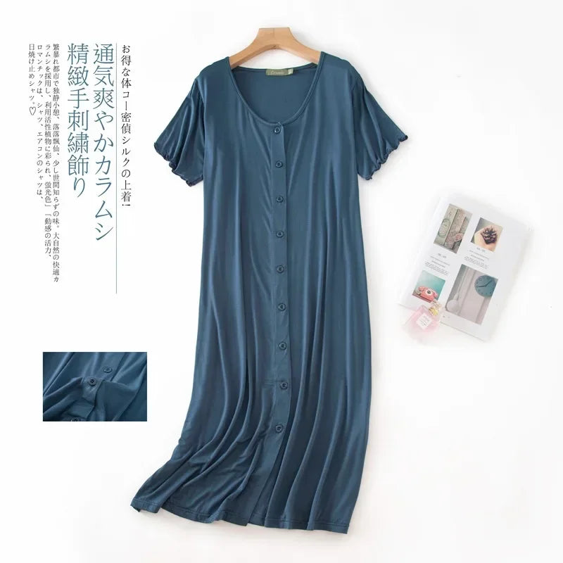 Women’s Modal Short-Sleeve Night Dress – Mid-Length Cotton Sleep Top with Buttons, Plus Size Pajamas