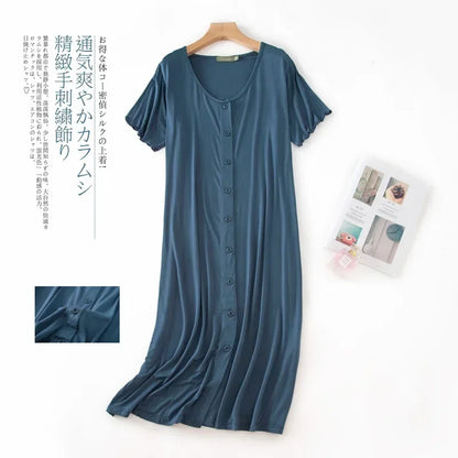Women’s Modal Short-Sleeve Night Dress – Mid-Length Cotton Sleep Top with Buttons, Plus Size Pajamas
