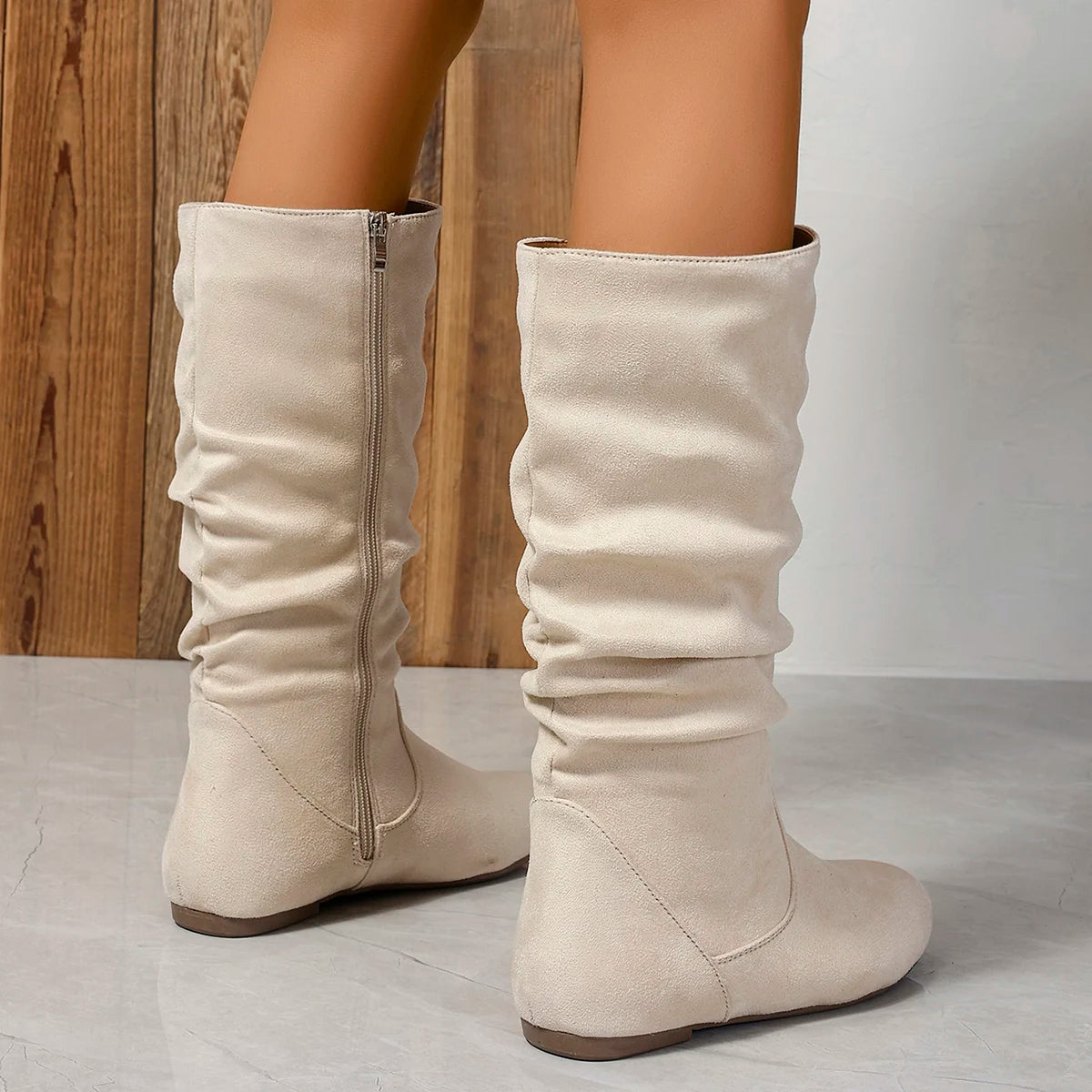 Pleated PU Women’s Fashion Boots – Casual Side-Zip Round Toe Flat High Solid Color Boots