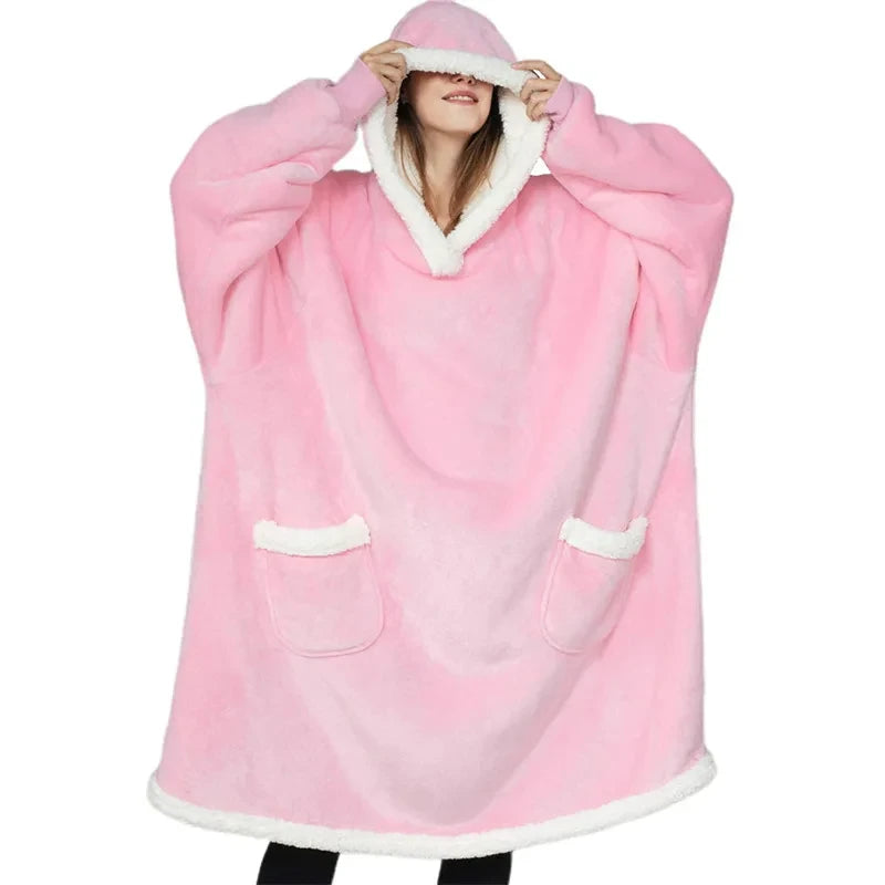 2024 Oversized Flannel Blanket Hoodie – Super Long Fleece Pullover with Sleeves for Winter