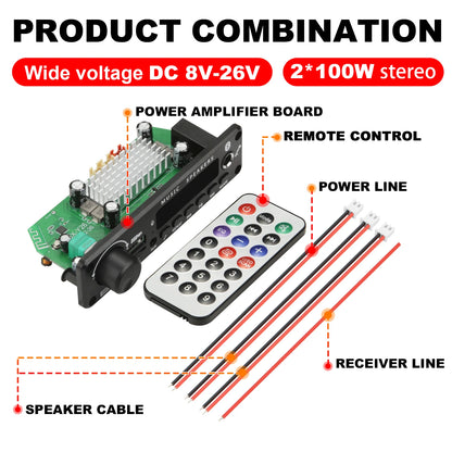 200W Bluetooth Amplifier Board - DIY MP3 WAV Decoder with USB, TF Card, FM Radio & Microphone, DC 12V