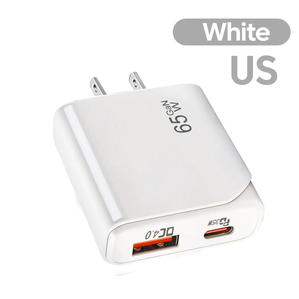 65W GaN USB-C Fast Charger – Ultra-Thin Dual-Port PD/QC Wall Adapter for iPhone, Samsung, and Xiaomi Devices