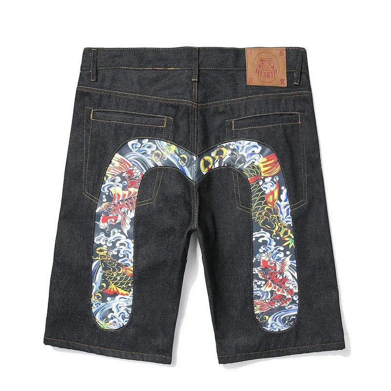 Men's Embroidered Denim Shorts - Black Hip-Hop Washed Cotton Shorts with Dragon & Cherry Blossom Design