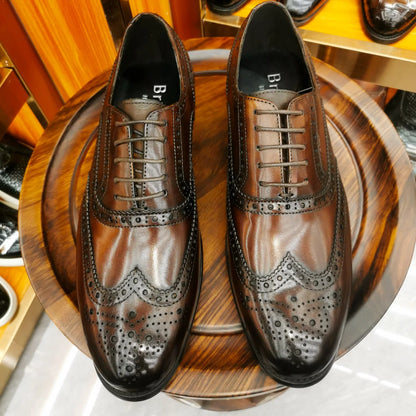 Men’s Genuine Leather Wingtip Oxford Shoes - Luxury Brogue Lace-Up Black and Brown Business Wedding Dress Shoes