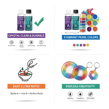 Crystal Clear Epoxy Resin Kit - AB Resin Glue with 6 Color Mica Powder for DIY Jewelry, Nail Art, Soap & Craft Casting