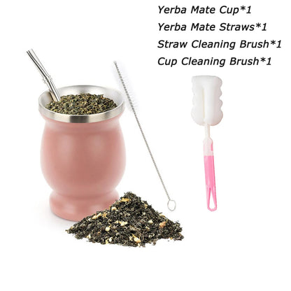 8oz 304 Stainless Steel Yerba Mate Cup Set – Double Wall Argentine Gourd with Bombilla Straw & Cleaning Brush Travel Mug