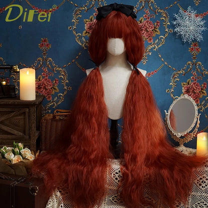 120cm Long Wavy Synthetic Wig - Female Red Brown Lolita Style with Bangs, Natural Hair Look, Heat Resistant Fiber