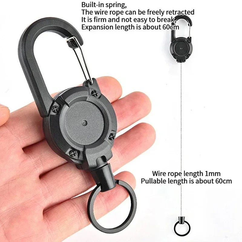 Retractable Heavy-Duty Carabiner Keychain – Steel Wire Rope Pull Reel for Outdoor & Sport Use