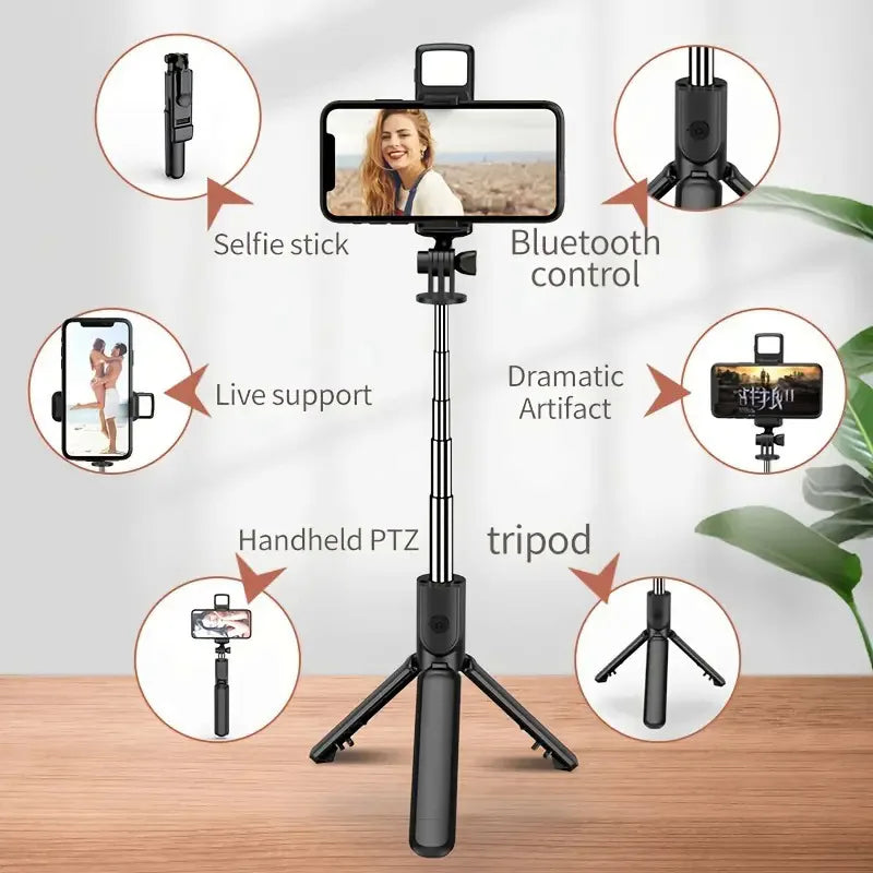 All-in-One Expandable iPhone Tripod Selfie Stick – Portable with Detachable Bluetooth Remote, Compatible with Smartphones