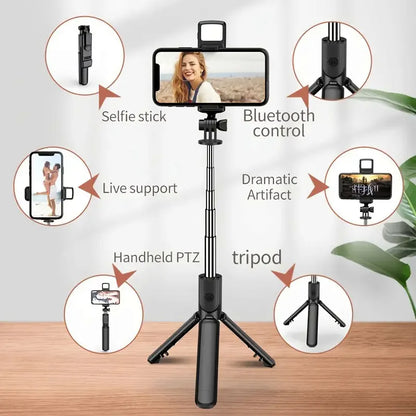 All-in-One Expandable iPhone Tripod Selfie Stick – Portable with Detachable Bluetooth Remote, Compatible with Smartphones