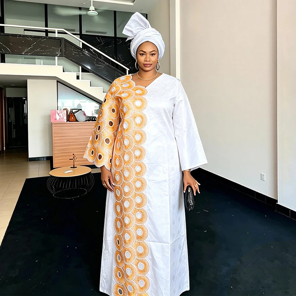Plus Size African Dashiki Dresses - 2026 Ankara Embroidery Bazin Riche Wedding & Party Dress with Headscarf