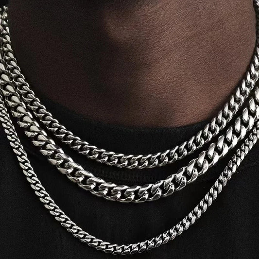 Basic Punk Cuban Chain Necklace – 3mm/5mm/7mm Stainless Steel Curb Link Choker for Men & Women, Black & Gold Colors