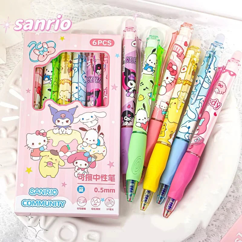 6PCS Sanrio Erasable Gel Pens – Pochacco, Kuromi, Cinnamoroll & Hello Kitty Neutral Ballpoint Pens for Students & Office
