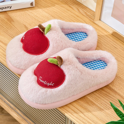 TZLDN Cartoon Plush Slippers – 3D Apple Faux Fur Indoor Slippers for Couples, Warm Winter Cotton Shoes for Women & Men