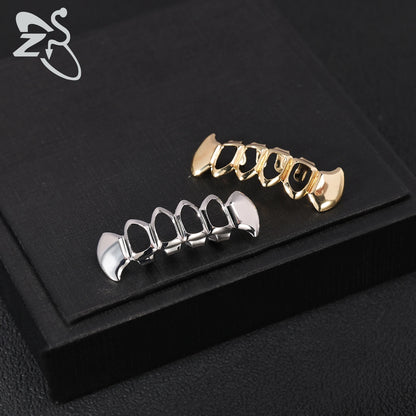 ZS Hip Hop Grillz – Silver/Gold Plated CZ Crystal Cross & Rose Star Tooth Cap, Top & Bottom Set