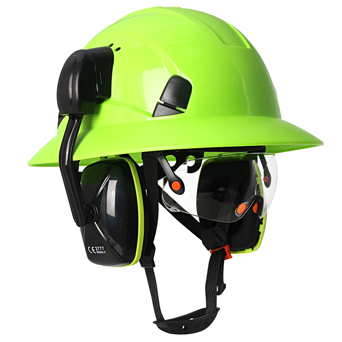 CE Full Brim Safety Helmet - HDPE Construction Hard Hat with Built-In Goggles & Earmuffs