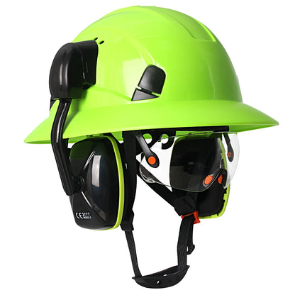 CE Full Brim Safety Helmet - HDPE Construction Hard Hat with Built-In Goggles & Earmuffs