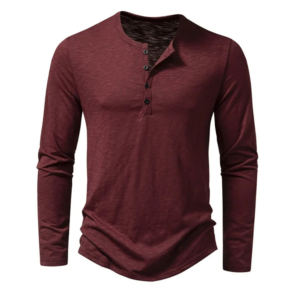 Men's Cotton Button Henley Shirt - Long Sleeve Casual Fashion T-Shirt, Solid Color