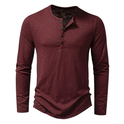 Men's Cotton Button Henley Shirt - Long Sleeve Casual Fashion T-Shirt, Solid Color