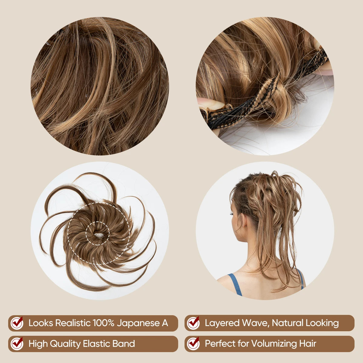 Synthetic Elastic Messy Bun Hairpiece – Curly Scrunchie Chignon, Black, Blonde, Brown Updo Donut for Women, Natural Fake Hair