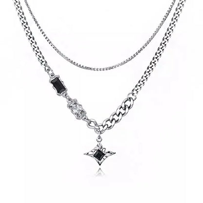 Hip Hop Zircon Star Double Layer Necklace - Titanium Steel Pendant Chain for Men & Women, Unisex Trendy Jewelry