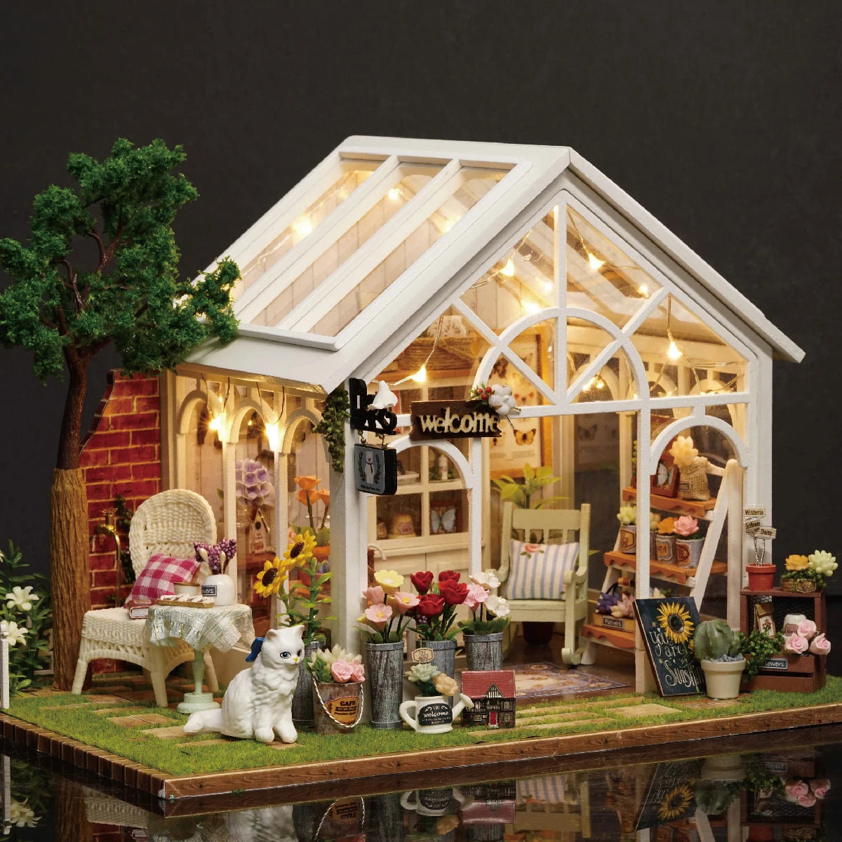 DIY Wooden Sunshine Greenhouse Cottage – Miniature Dollhouse Kit with Furniture for Friends' Gifts