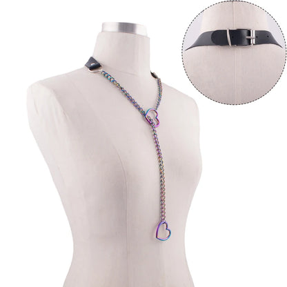 Heart Slip Chain Necklace – Black Leather Gothic Choker for Women, Punk & Goth Jewelry