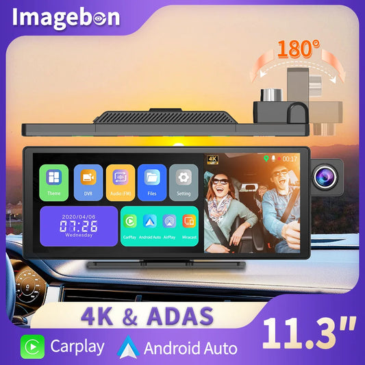 11.3" Imagebon H50 Dash Cam — 4K, 3-Channel, ADAS, Wireless CarPlay & Android Auto, Time-Lapse & 24H Parking Monitor Black Box