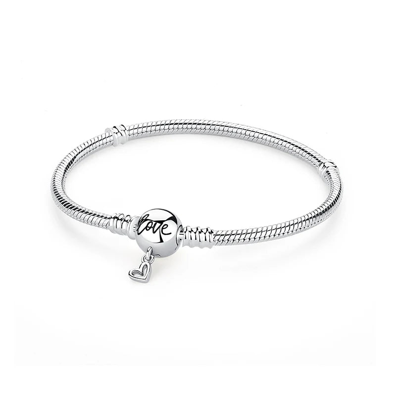 925 Sterling Silver Love Heart Charm Bracelet – Rose Gold Snake Chain Bangle for Women | DIY Luxury Bead Jewelry Accessories