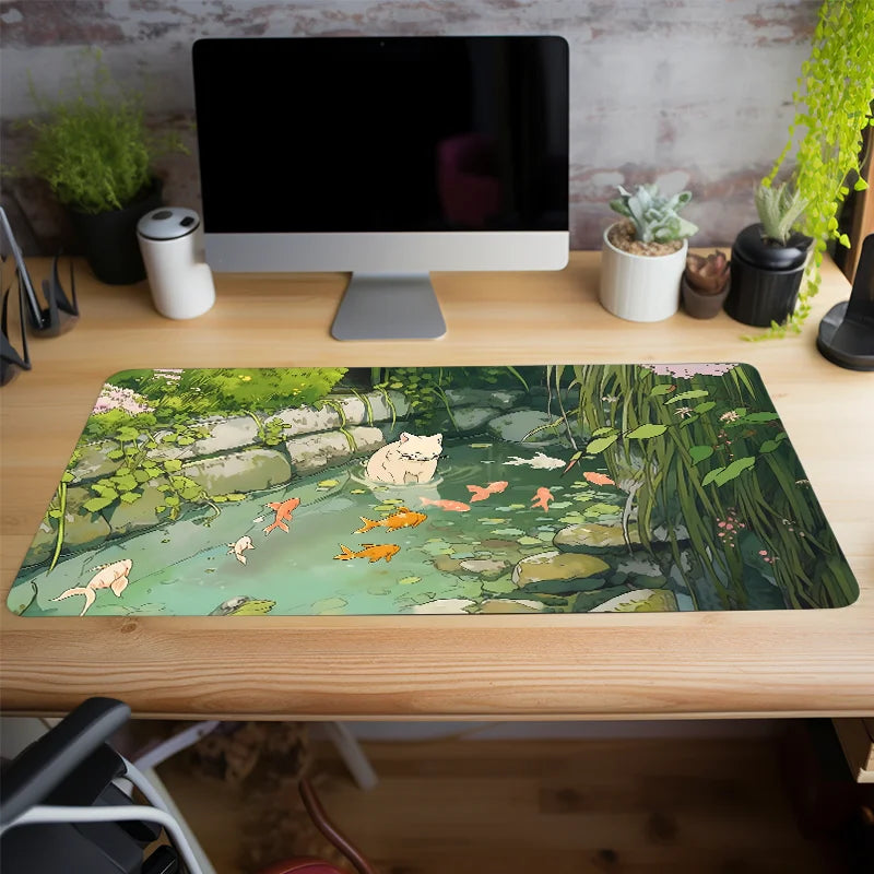 Cute Cartoon Cat Fish Mouse Pad – Large Green Anti-Slip Rubber Desk Mat, Perfect Gift for Women & Girlfriend