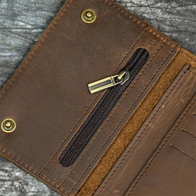 Men’s Genuine Leather Short Wallet with Chain – Trifold Zipper Clutch, Card Holder & Coin Purse
