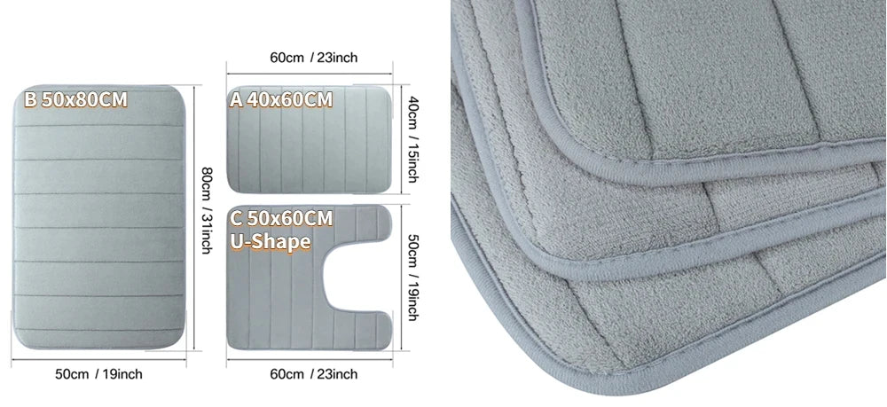Non-Slip Grey Memory Foam Bath Mat Set – Soft, Water Absorbent, Quick-Drying, Machine Washable Bathroom Rugs for Home Floor